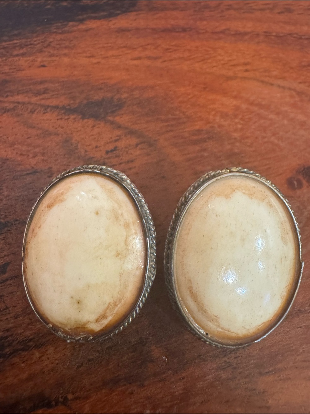 Vintage Ivory Tone Oval Cabochon Statement Earrings Rope Edge
